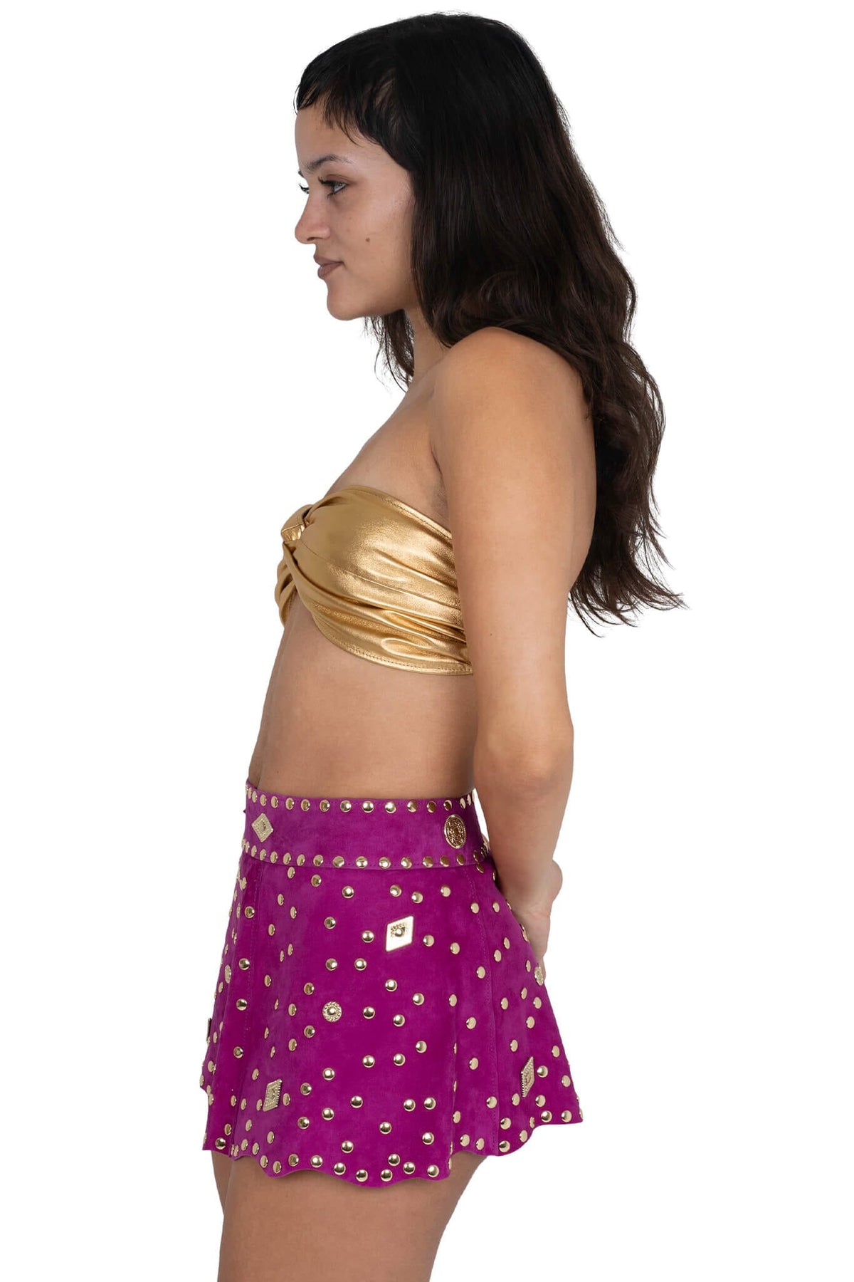MARQUEE Mini Skirt - Fuchsia Suede Gold |Jeffrey Campbell