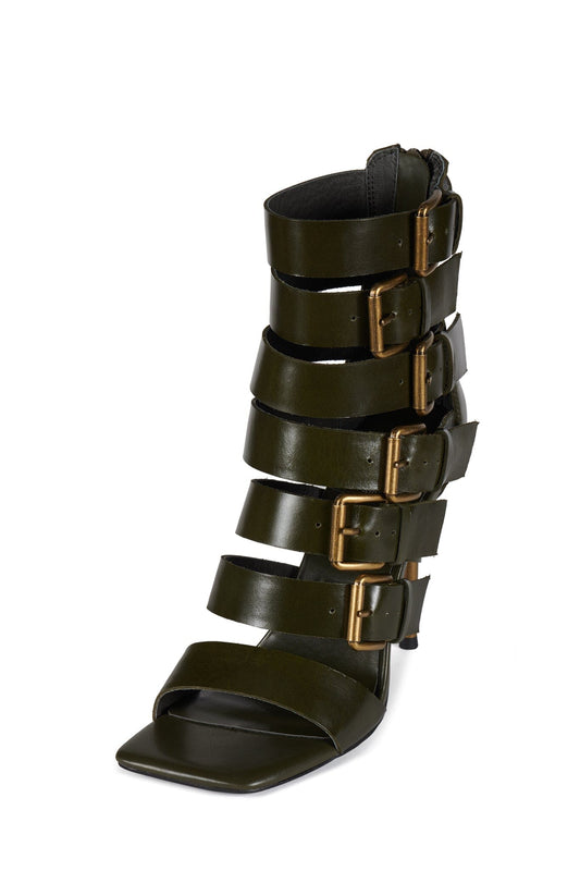 BUCKLED-IN Strappy Heels - Olive Bronze |Jeffrey Campbell