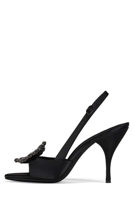 TRIOMPHE-J Heeled Slingback Sandal - Black Satin Pewter |Jeffrey Campbell