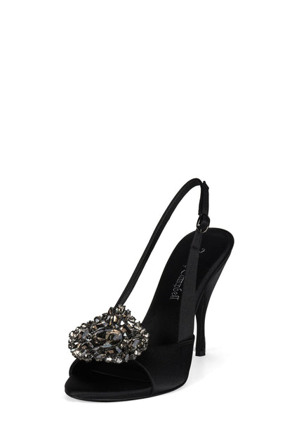 TRIOMPHE-J Heeled Slingback Sandal - Black Satin Pewter |Jeffrey Campbell