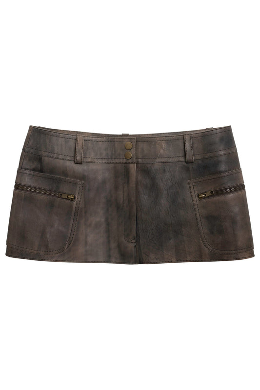 TOO-COOL SKIRT Leather Mini Skirt - Brown Distressed |Jeffrey Campbell