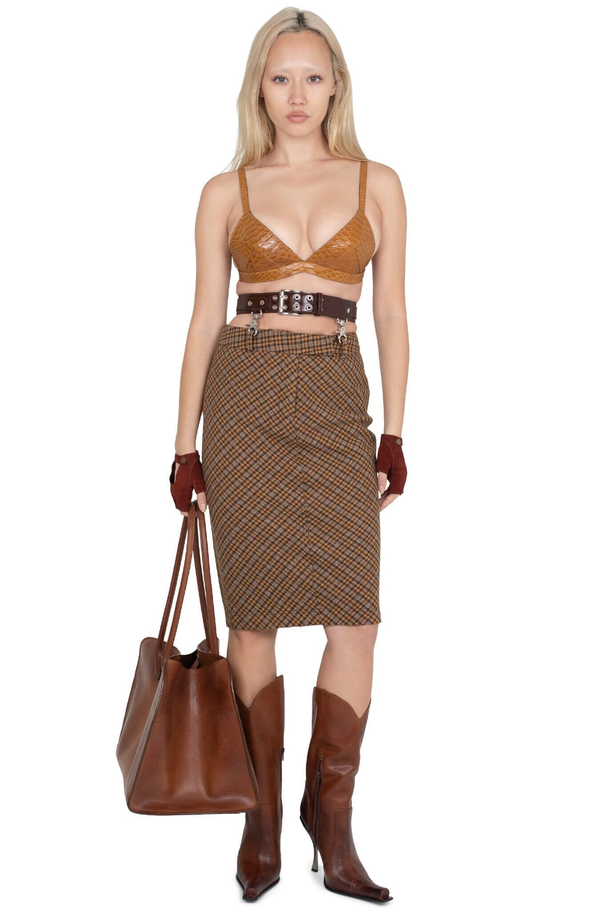 DELPHY SKIRT Midi Skirt - Brown Plaid Tweed |Jeffrey Campbell
