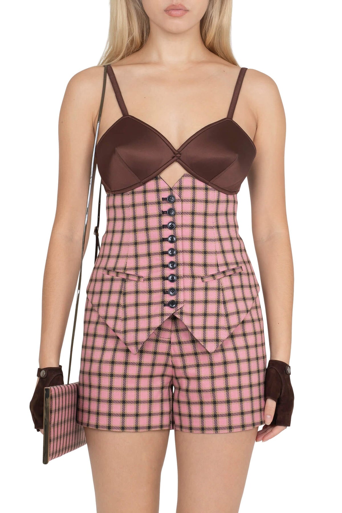 SPEAK-EASY SET Corset - Pink Plaid Tweed |Jeffrey Campbell