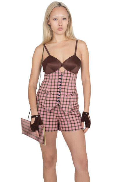 SPEAK-EASY SET Corset - Pink Plaid Tweed |Jeffrey Campbell