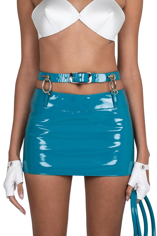 VYPER SKIRT Mini Skirt - Turquoise Crinkle Patent |Jeffrey Campbell
