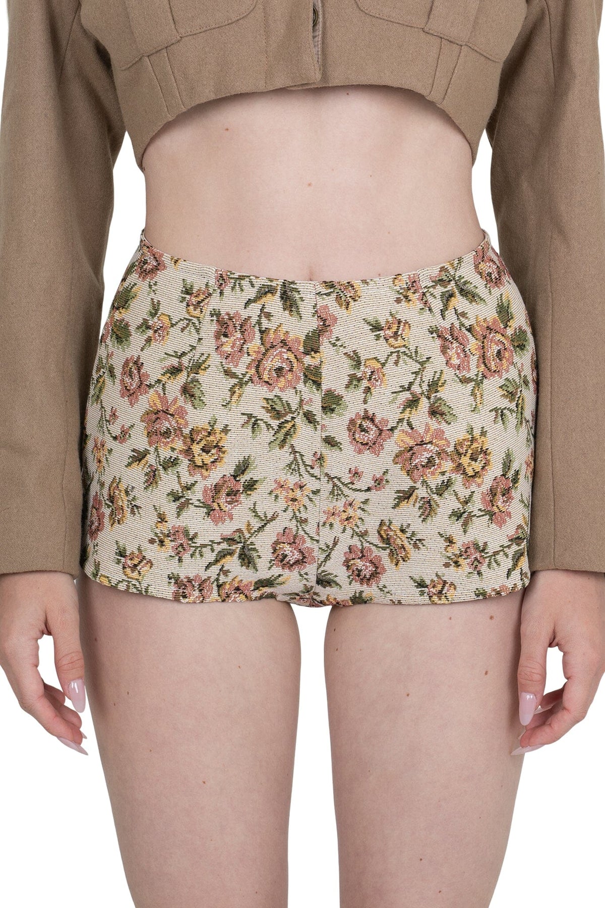 CHEEKZ-T SHORTS - Beige Floral Tapestry |Jeffrey Campbell