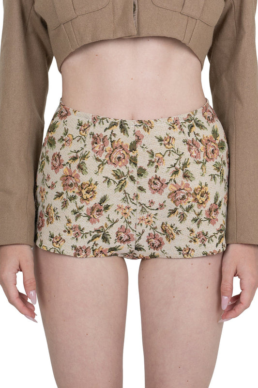 CHEEKZ-T SHORTS - Beige Floral Tapestry |Jeffrey Campbell